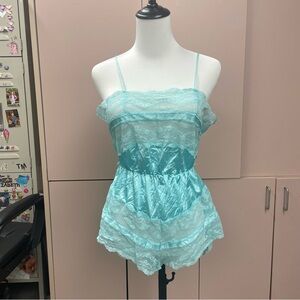 Vintage Texsheen 1980s teal blue Lingerie Teddy Romper Bows & Lace Cute size M